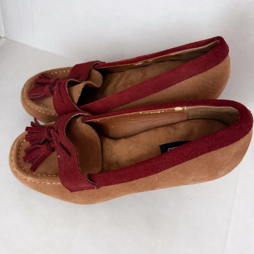 Y2K Women Tan Burgundy Suede‎ Tassel Wedge Loafer Shoes Size 8 M